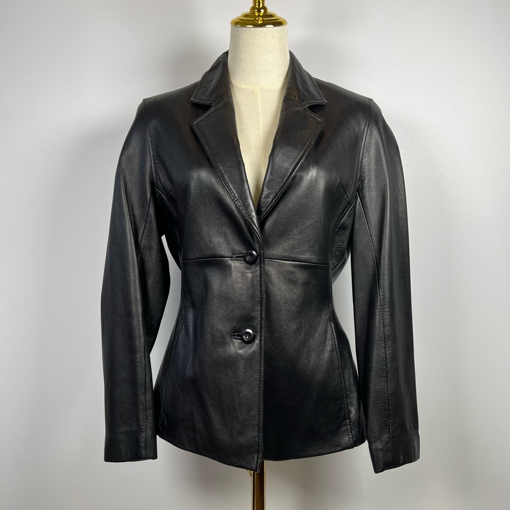 Pelle Studio Women’s Classic Black Tailored Leather Blazer, Size Small